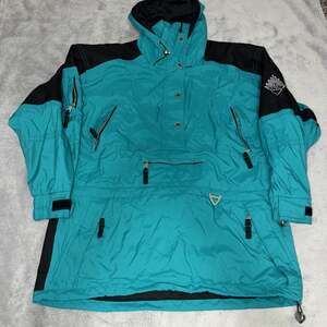 Vintage 90s Havoc Ski Anorak Pullover Jacket Size 12 Teal Black Hooded Nylon